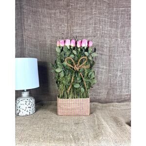 Pink Rose Bud Floral Arrangement~Burlap/Twine Bowl Pot~Farmhouse Decor